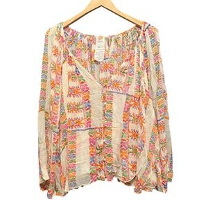 Free People FP One Womens Medium Boho Gauze Button Front Blouse FP Multi Color